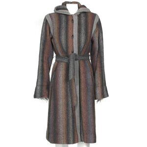 Vintage 1980s Hooded Coat Toggle Ombre Striped Wool Belted Jacket Coat sz M /912